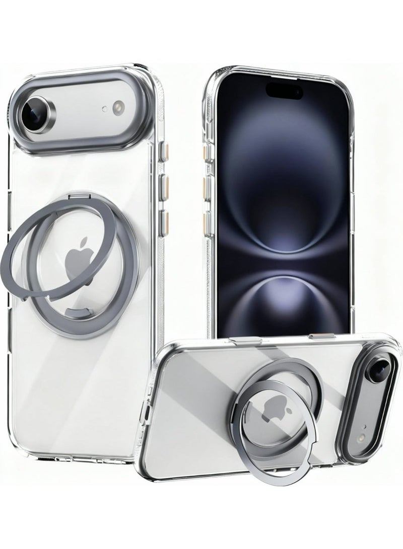 غلاف iPhone 17 Air المغناطيسي MagSafe، مضاد للاصفرار، غلاف شفاف مقاوم للسقوط مع حامل دوار معدني وأزرار معدنية